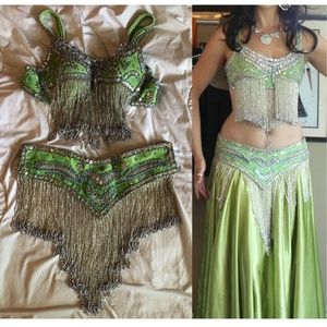 Green & Silver Glass Bead Handmade Belly Dance Costume